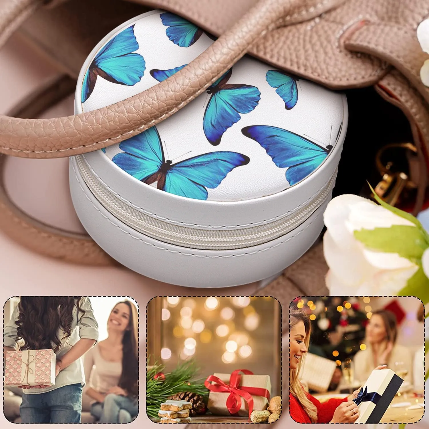 MAYCARI Small Portable Travel Jewelery Box, Cute Blue Butterfly Pattern Mini Leather Jewelery Box Organiser for Rings Earrings Necklace Bracelets Jewelry Gift for Women Girls Kids