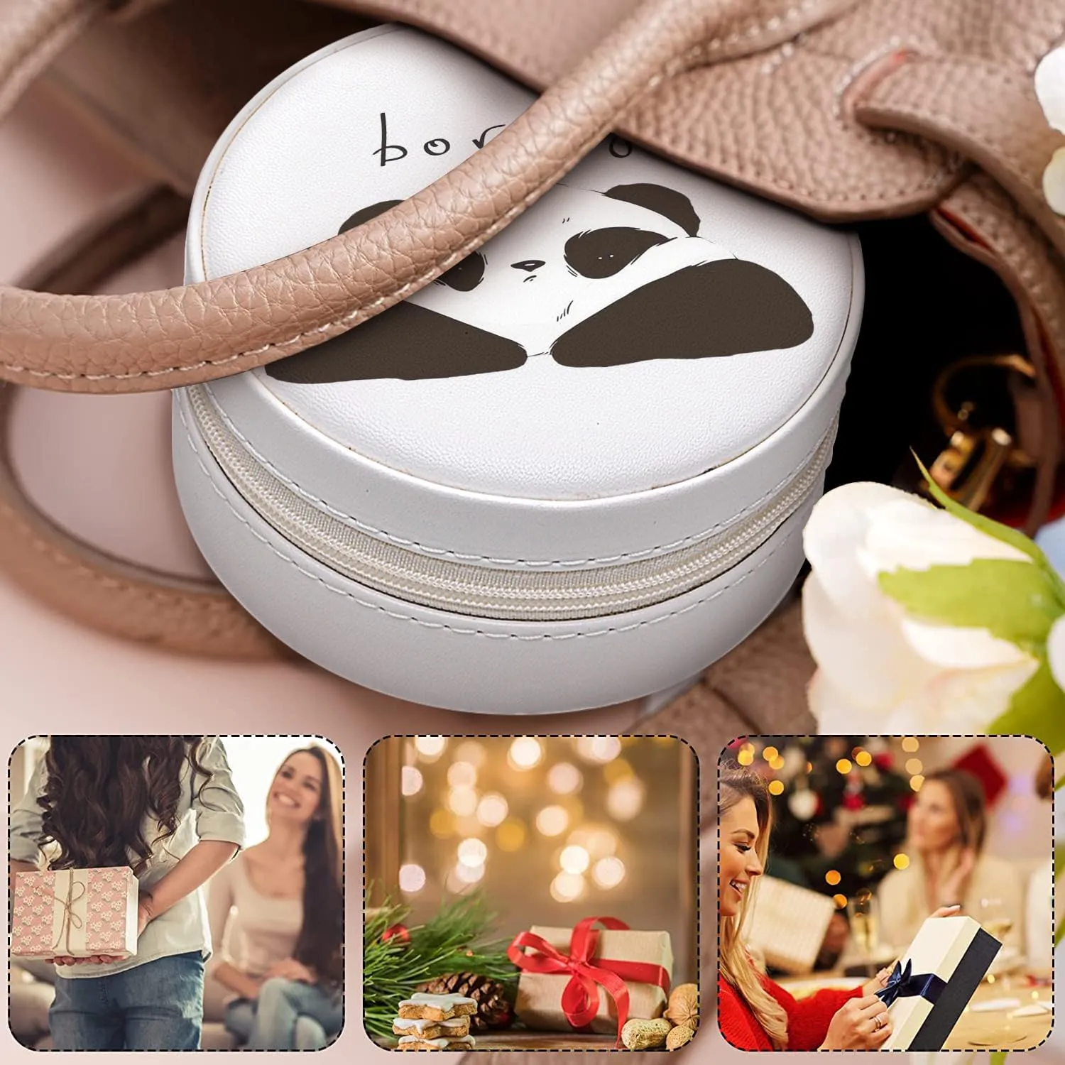 MAYCARI Small Portable Travel Jewelery Box, Cute Boring Panda Pattern Mini Leather Jewelery Box Organiser for Rings Earrings Necklace Bracelets Jewelry Gift for Women Girls Kids