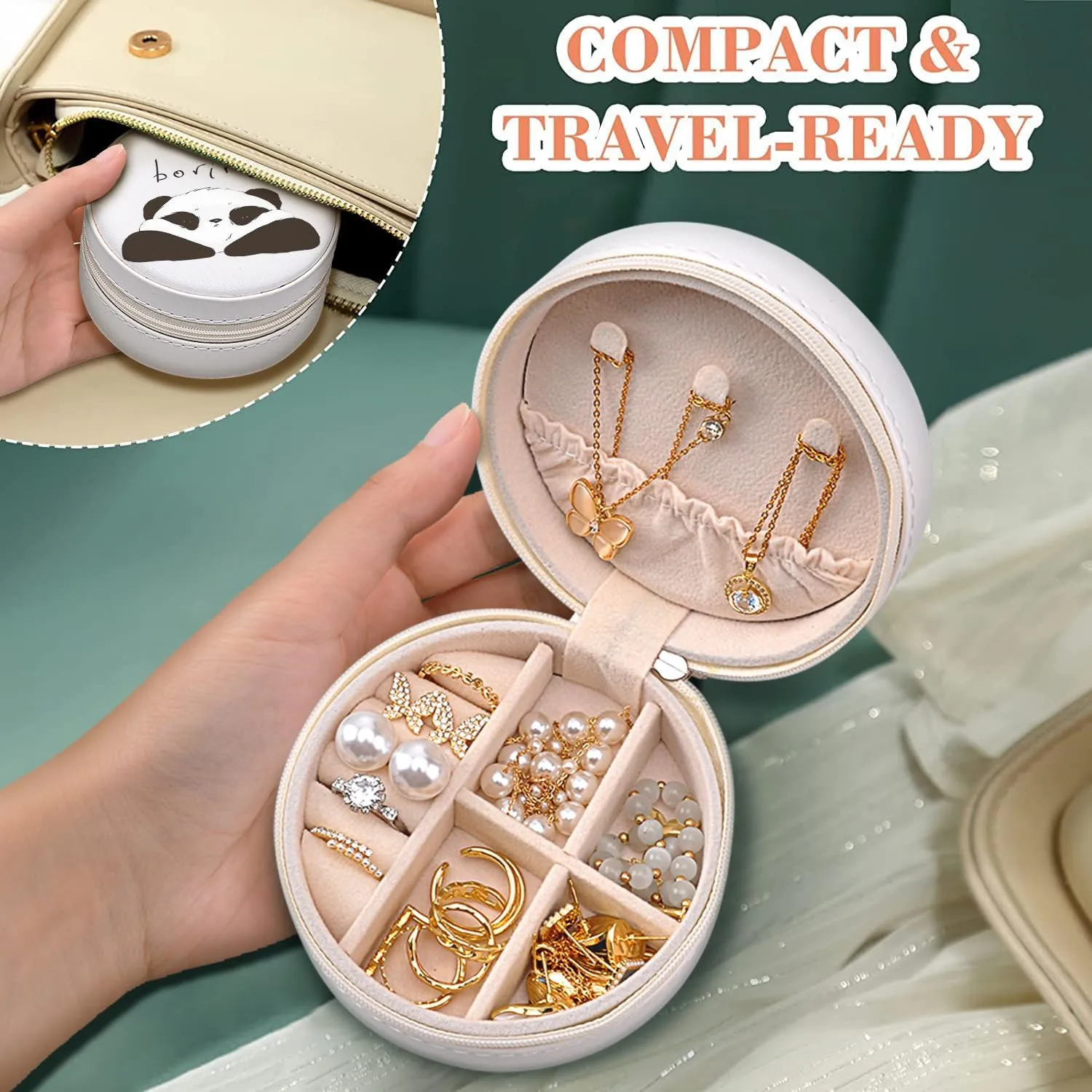 MAYCARI Small Portable Travel Jewelery Box, Cute Boring Panda Pattern Mini Leather Jewelery Box Organiser for Rings Earrings Necklace Bracelets Jewelry Gift for Women Girls Kids