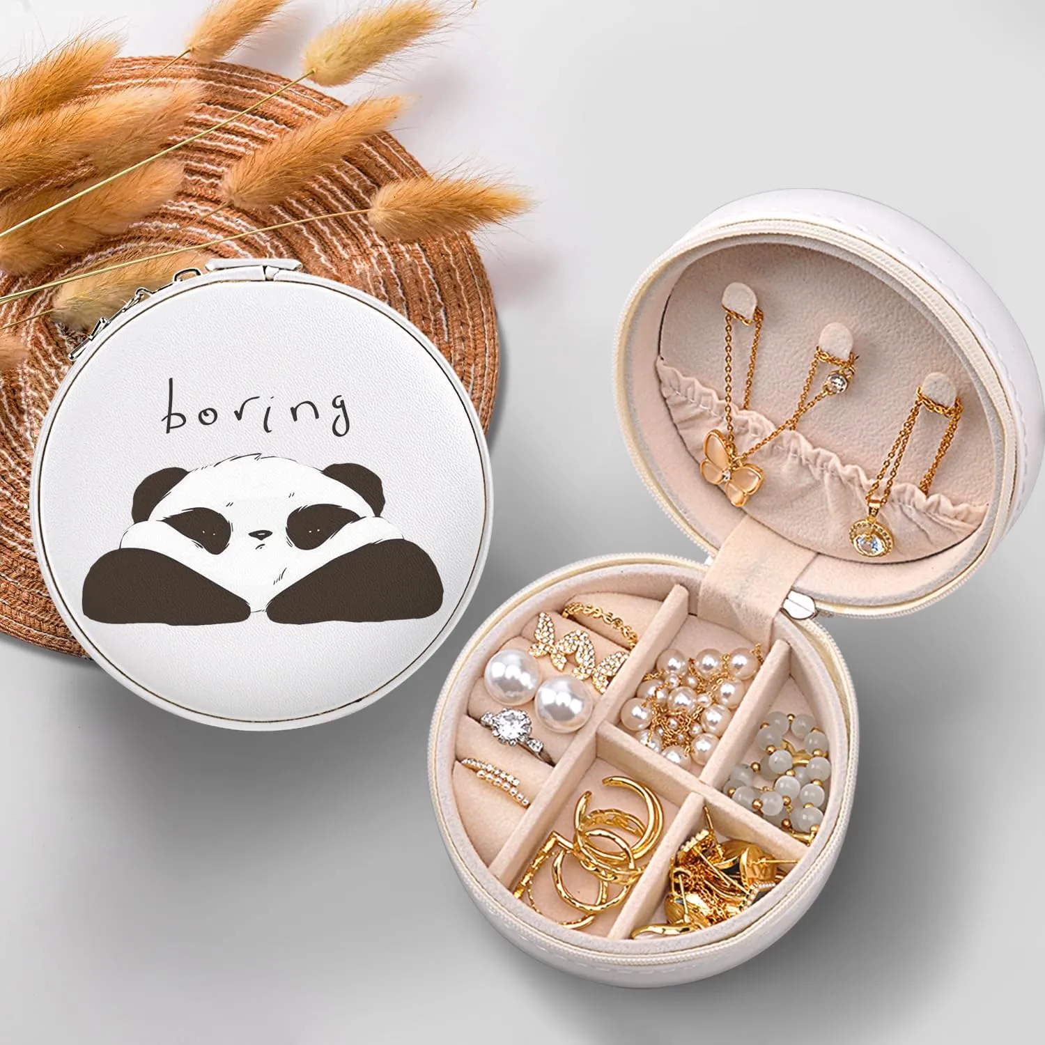 MAYCARI Small Portable Travel Jewelery Box, Cute Boring Panda Pattern Mini Leather Jewelery Box Organiser for Rings Earrings Necklace Bracelets Jewelry Gift for Women Girls Kids