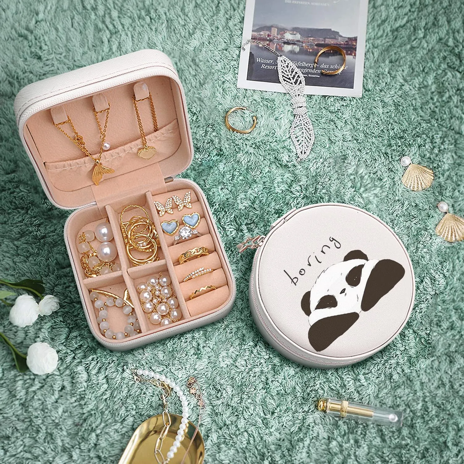 MAYCARI Small Portable Travel Jewelery Box, Cute Boring Panda Pattern Mini Leather Jewelery Box Organiser for Rings Earrings Necklace Bracelets Jewelry Gift for Women Girls Kids
