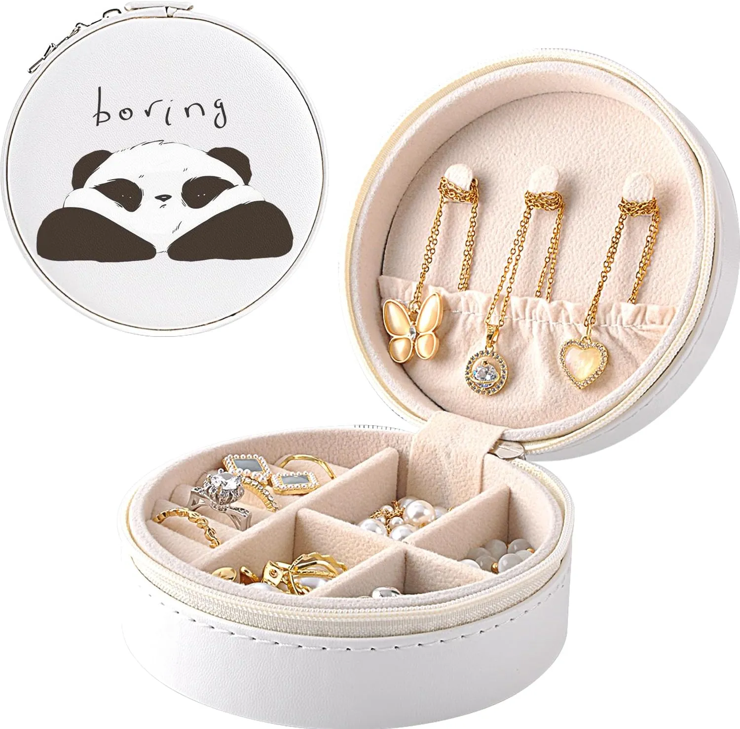 MAYCARI Small Portable Travel Jewelery Box, Cute Boring Panda Pattern Mini Leather Jewelery Box Organiser for Rings Earrings Necklace Bracelets Jewelry Gift for Women Girls Kids