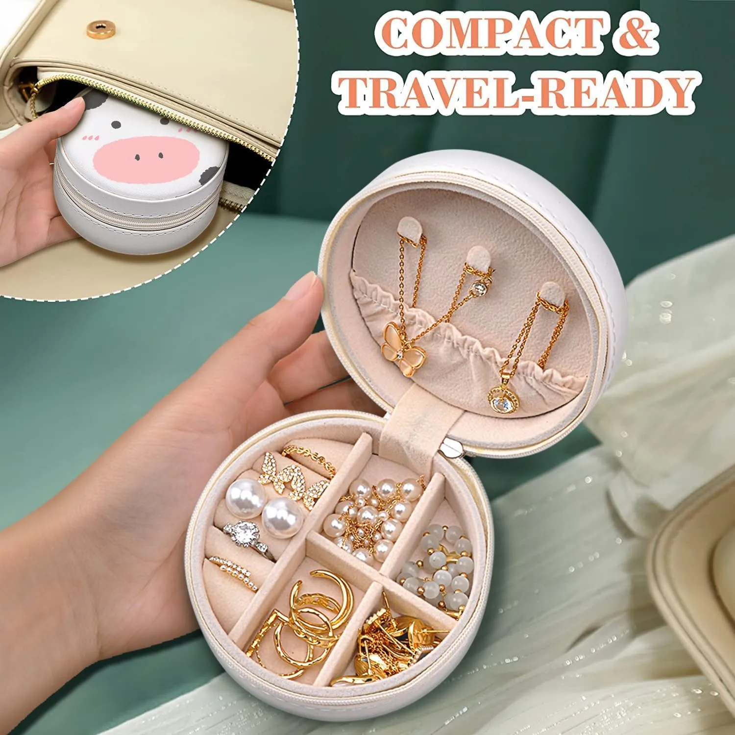MAYCARI Small Portable Travel Jewelery Box, Cute Cow Pattern Mini Leather Jewelery Box Organiser for Rings Earrings Necklace Bracelets Jewelry Gift for Women Girls Kids