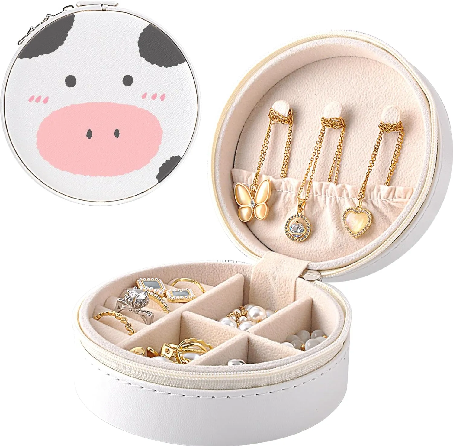 MAYCARI Small Portable Travel Jewelery Box, Cute Cow Pattern Mini Leather Jewelery Box Organiser for Rings Earrings Necklace Bracelets Jewelry Gift for Women Girls Kids