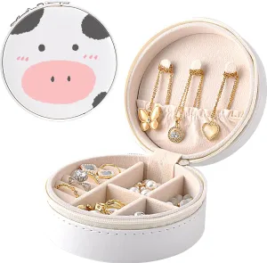 MAYCARI Small Portable Travel Jewelery Box, Cute Cow Pattern Mini Leather Jewelery Box Organiser for Rings Earrings Necklace Bracelets Jewelry Gift for Women Girls Kids