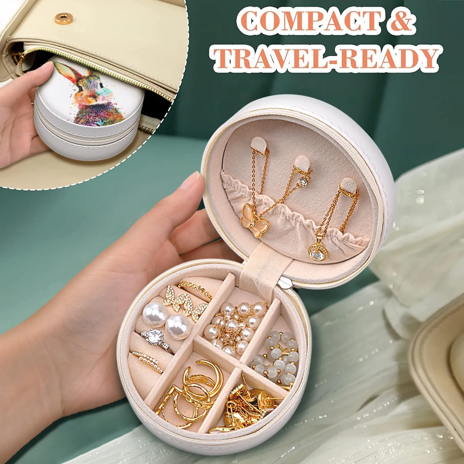 MAYCARI Small Portable Travel Jewelery Box, Cute Rabbit-A Pattern Mini Leather Jewelery Box Organiser for Rings Earrings Necklace Bracelets Jewelry Gift for Women Girls Kids