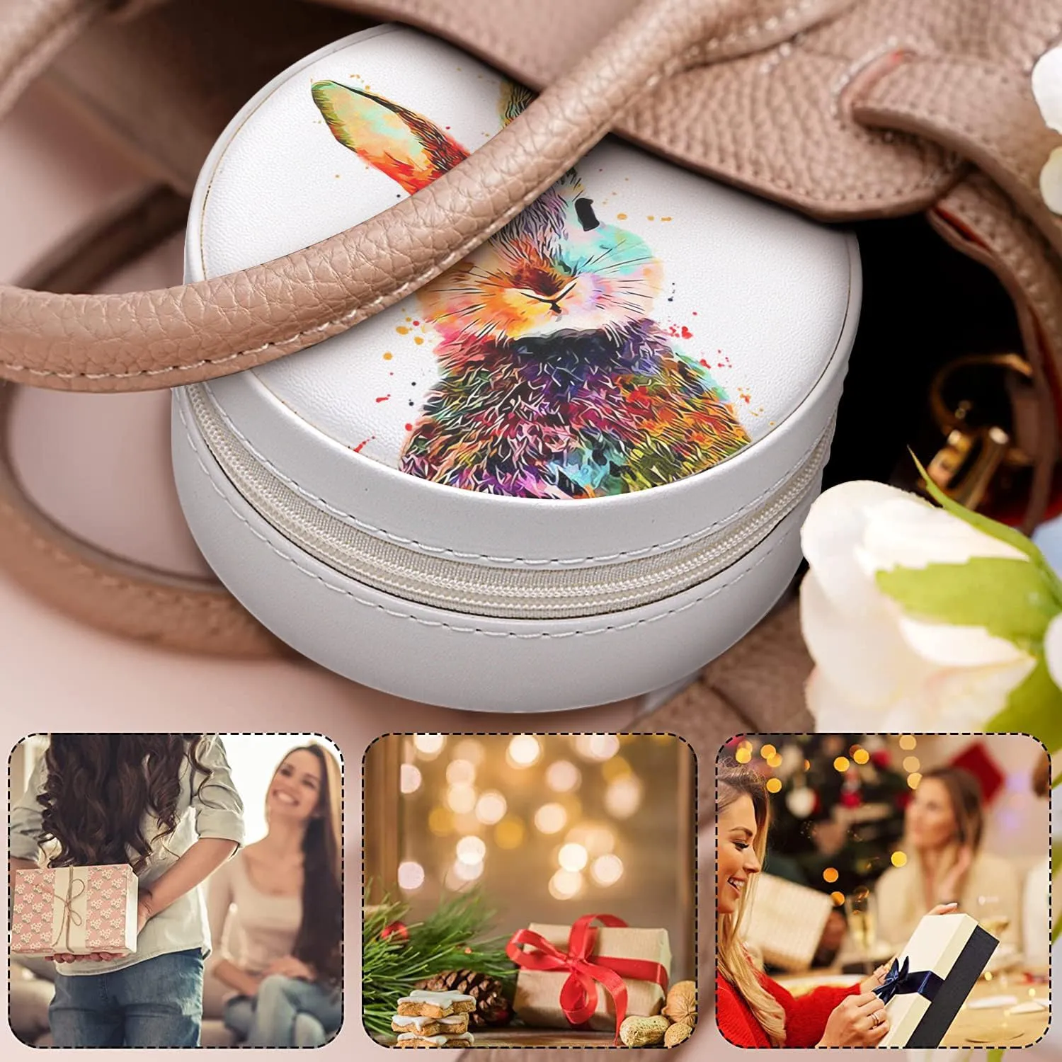 MAYCARI Small Portable Travel Jewelery Box, Cute Rabbit-A Pattern Mini Leather Jewelery Box Organiser for Rings Earrings Necklace Bracelets Jewelry Gift for Women Girls Kids