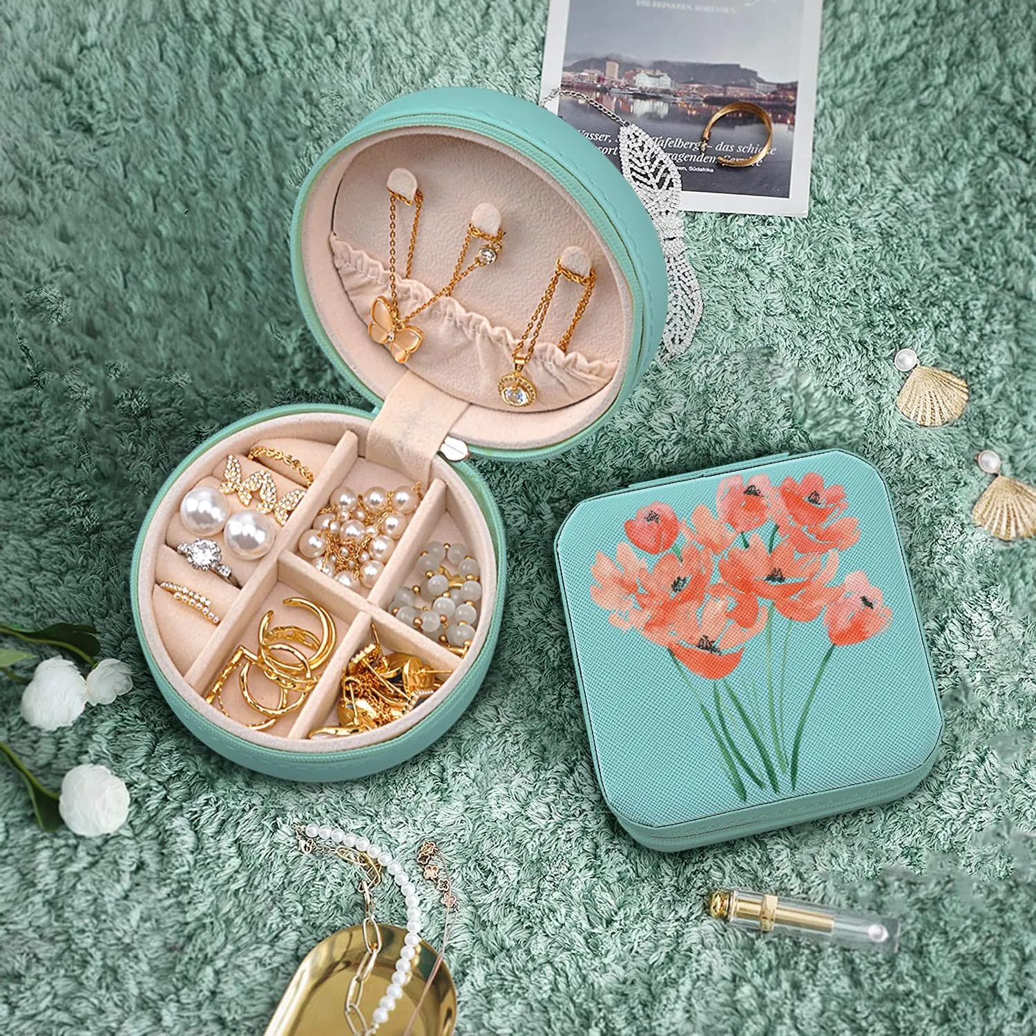 MAYCARI Small Portable Travel Jewellery Box, Art Flower Pattern Mini Leather Jewellery Box Organiser for Rings Earrings Necklace Bracelets Jewelry Gift for Women Girls Kids Men