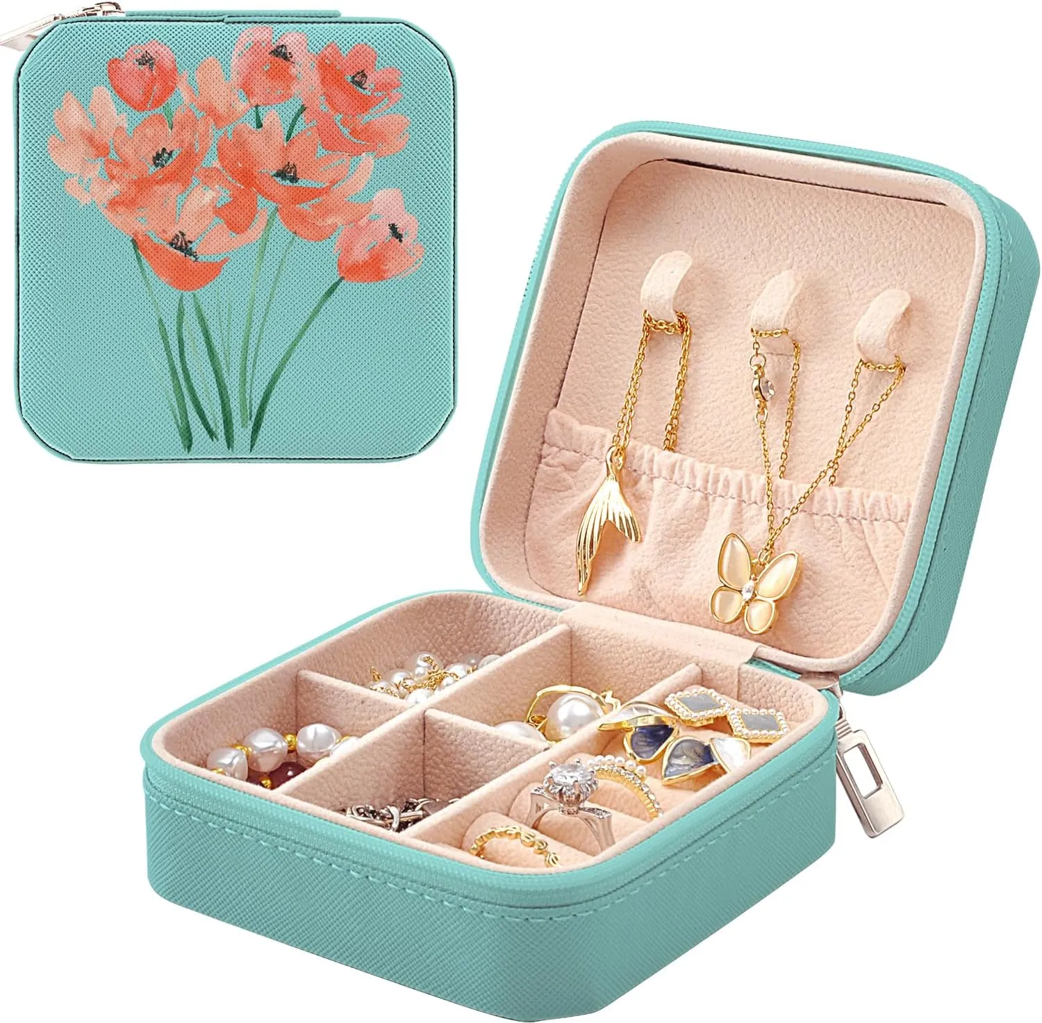 MAYCARI Small Portable Travel Jewellery Box, Art Flower Pattern Mini Leather Jewellery Box Organiser for Rings Earrings Necklace Bracelets Jewelry Gift for Women Girls Kids Men