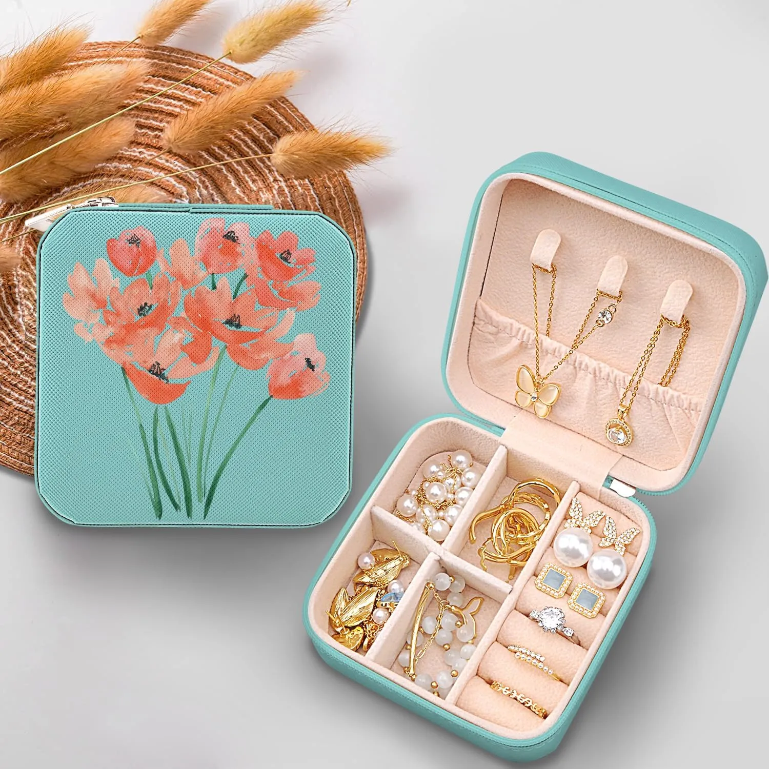 MAYCARI Small Portable Travel Jewellery Box, Art Flower Pattern Mini Leather Jewellery Box Organiser for Rings Earrings Necklace Bracelets Jewelry Gift for Women Girls Kids Men