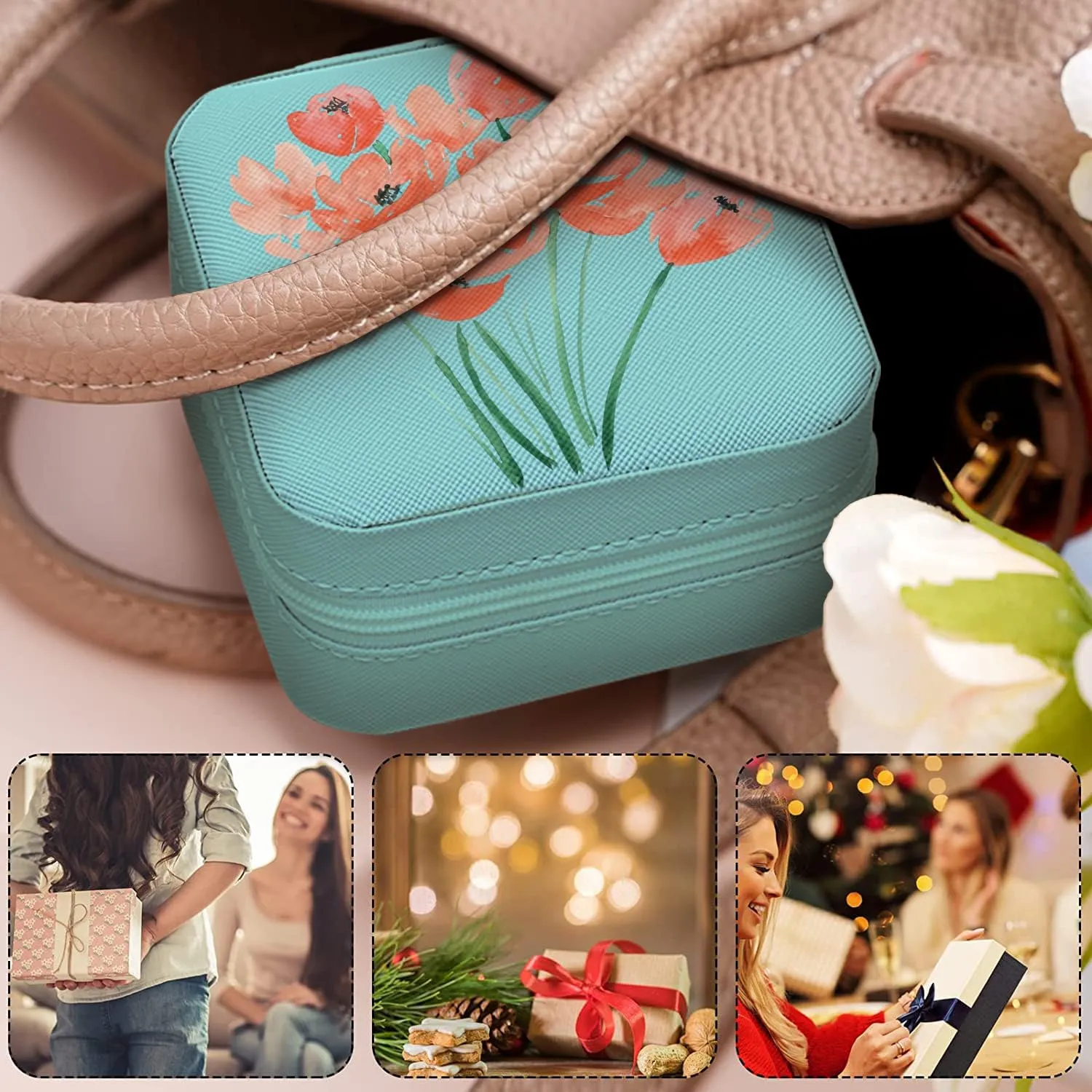 MAYCARI Small Portable Travel Jewellery Box, Art Flower Pattern Mini Leather Jewellery Box Organiser for Rings Earrings Necklace Bracelets Jewelry Gift for Women Girls Kids Men