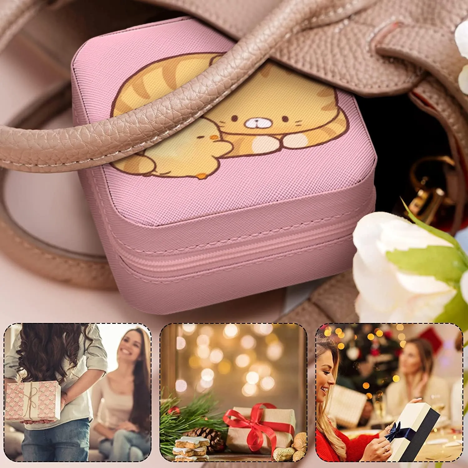 MAYCARI Small Portable Travel Jewellery Box, Cute Cat and Duck Pattern Mini Leather Jewellery Box Organiser for Rings Earrings Necklace Bracelets Jewelry Gift for Women Girls Kids