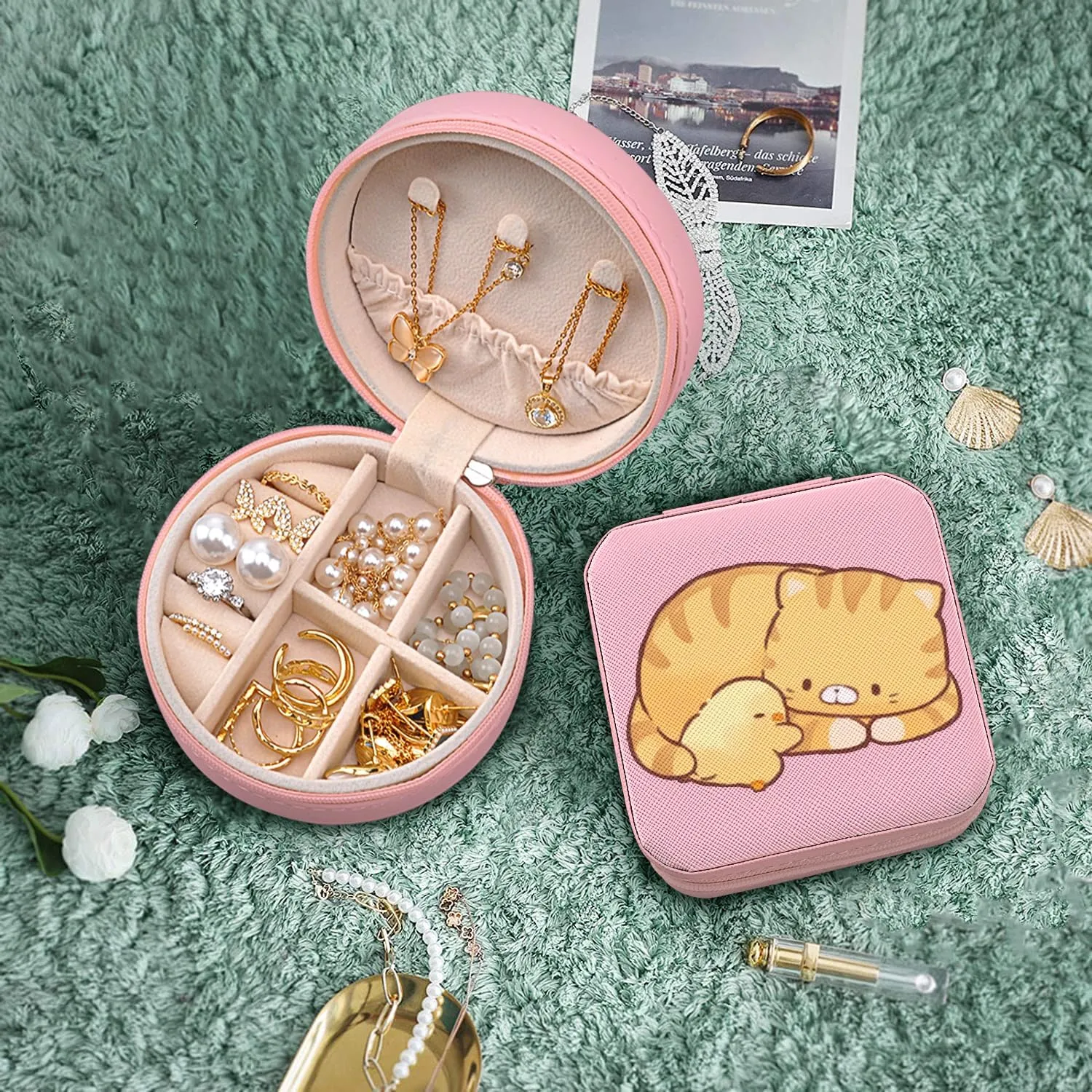 MAYCARI Small Portable Travel Jewellery Box, Cute Cat and Duck Pattern Mini Leather Jewellery Box Organiser for Rings Earrings Necklace Bracelets Jewelry Gift for Women Girls Kids