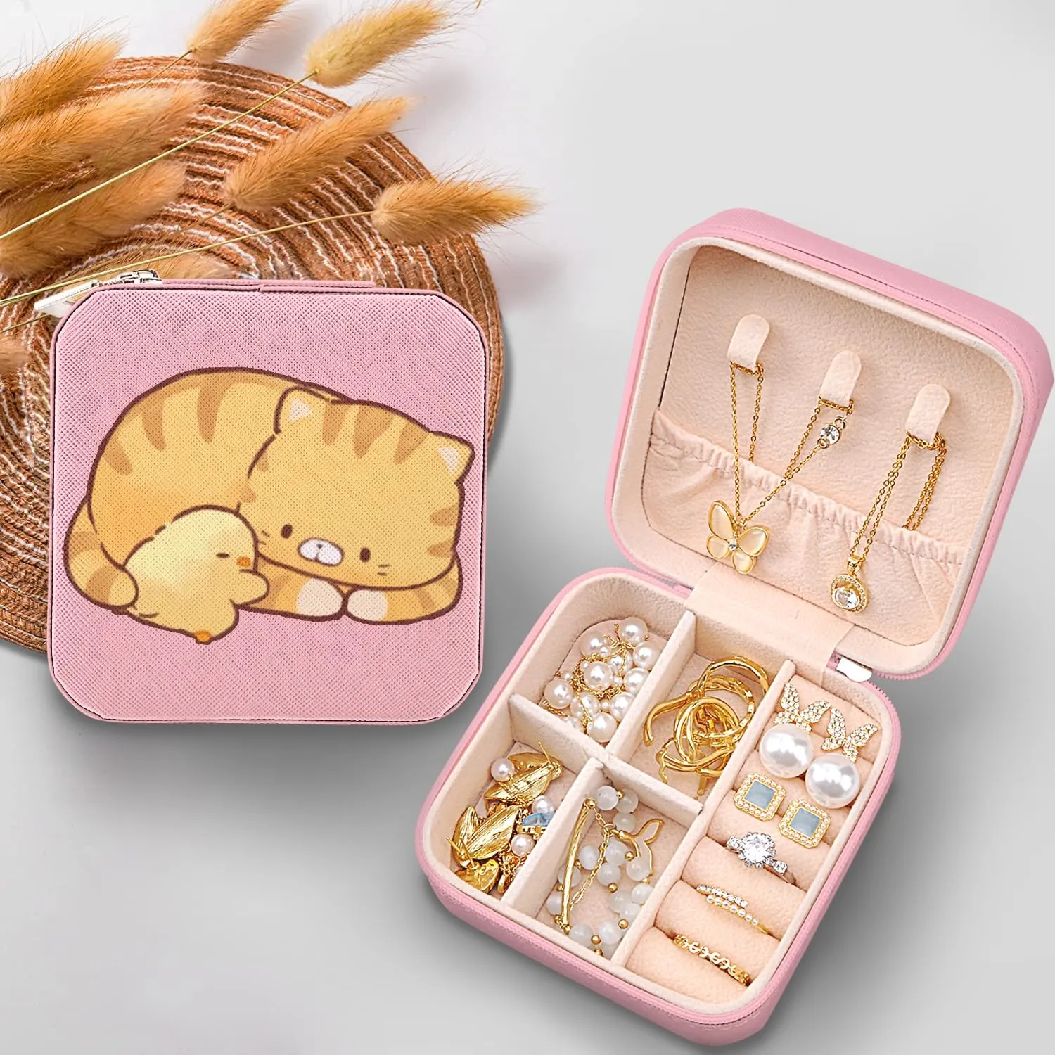 MAYCARI Small Portable Travel Jewellery Box, Cute Cat and Duck Pattern Mini Leather Jewellery Box Organiser for Rings Earrings Necklace Bracelets Jewelry Gift for Women Girls Kids