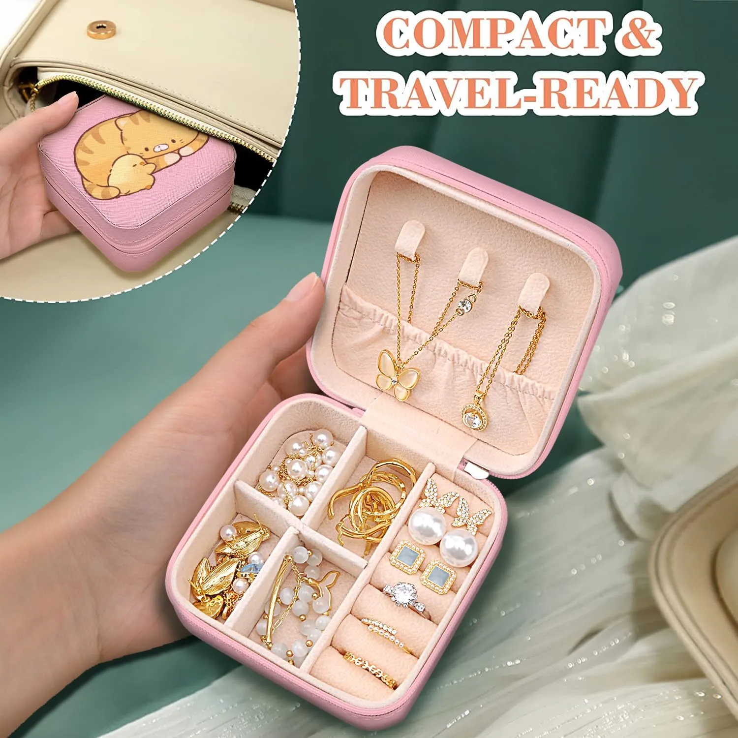 MAYCARI Small Portable Travel Jewellery Box, Cute Cat and Duck Pattern Mini Leather Jewellery Box Organiser for Rings Earrings Necklace Bracelets Jewelry Gift for Women Girls Kids