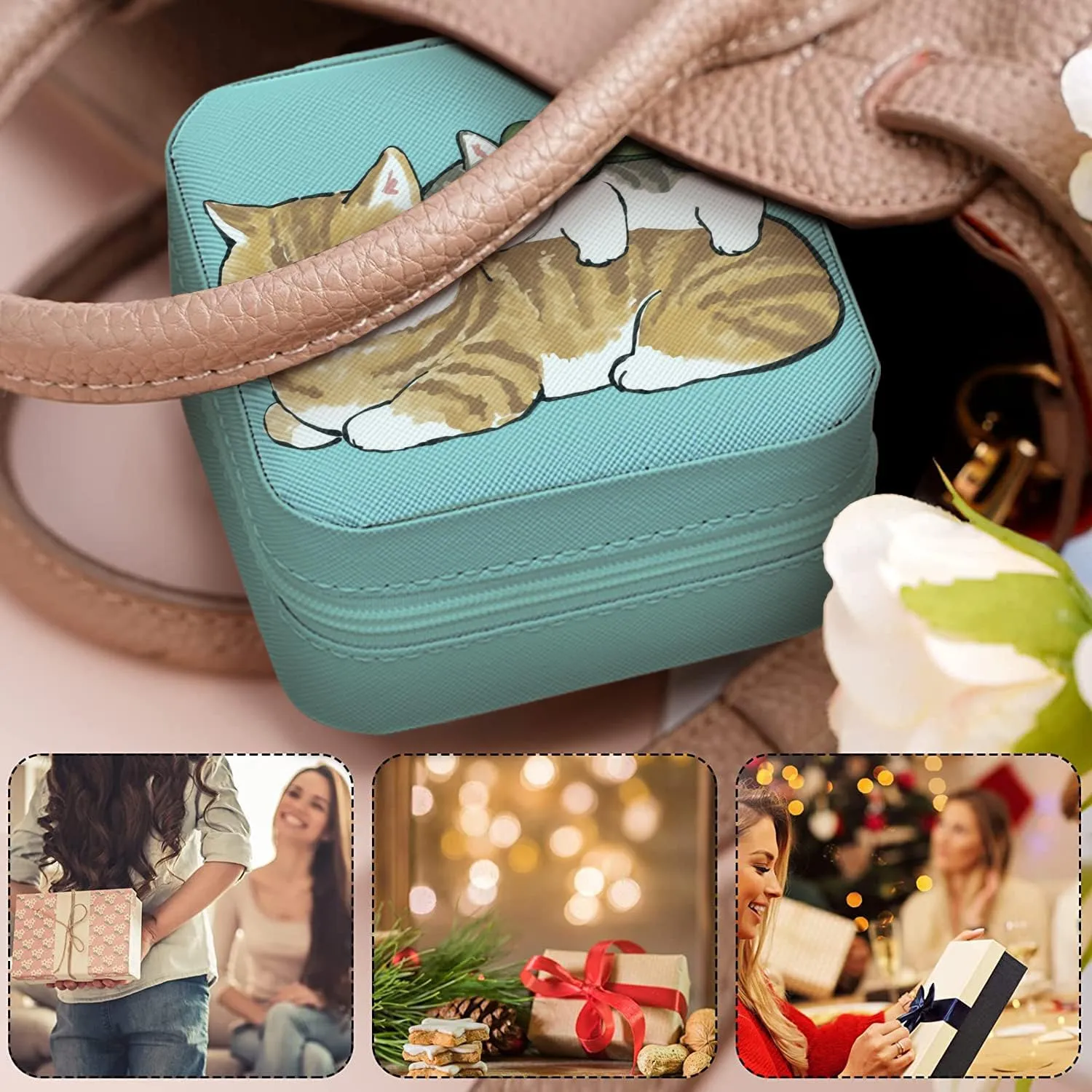 MAYCARI Small Portable Travel Jewellery Box, Cute Cat and Turtle Pattern Mini Leather Jewellery Box Organiser for Rings Earrings Necklace Bracelets Jewelry Gift for Women Girls Kids