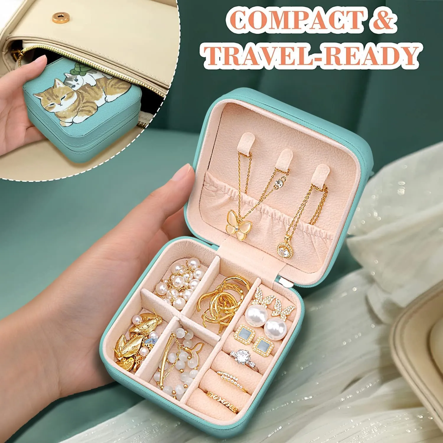 MAYCARI Small Portable Travel Jewellery Box, Cute Cat and Turtle Pattern Mini Leather Jewellery Box Organiser for Rings Earrings Necklace Bracelets Jewelry Gift for Women Girls Kids