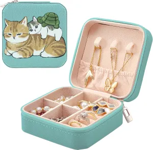 MAYCARI Small Portable Travel Jewellery Box, Cute Cat and Turtle Pattern Mini Leather Jewellery Box Organiser for Rings Earrings Necklace Bracelets Jewelry Gift for Women Girls Kids