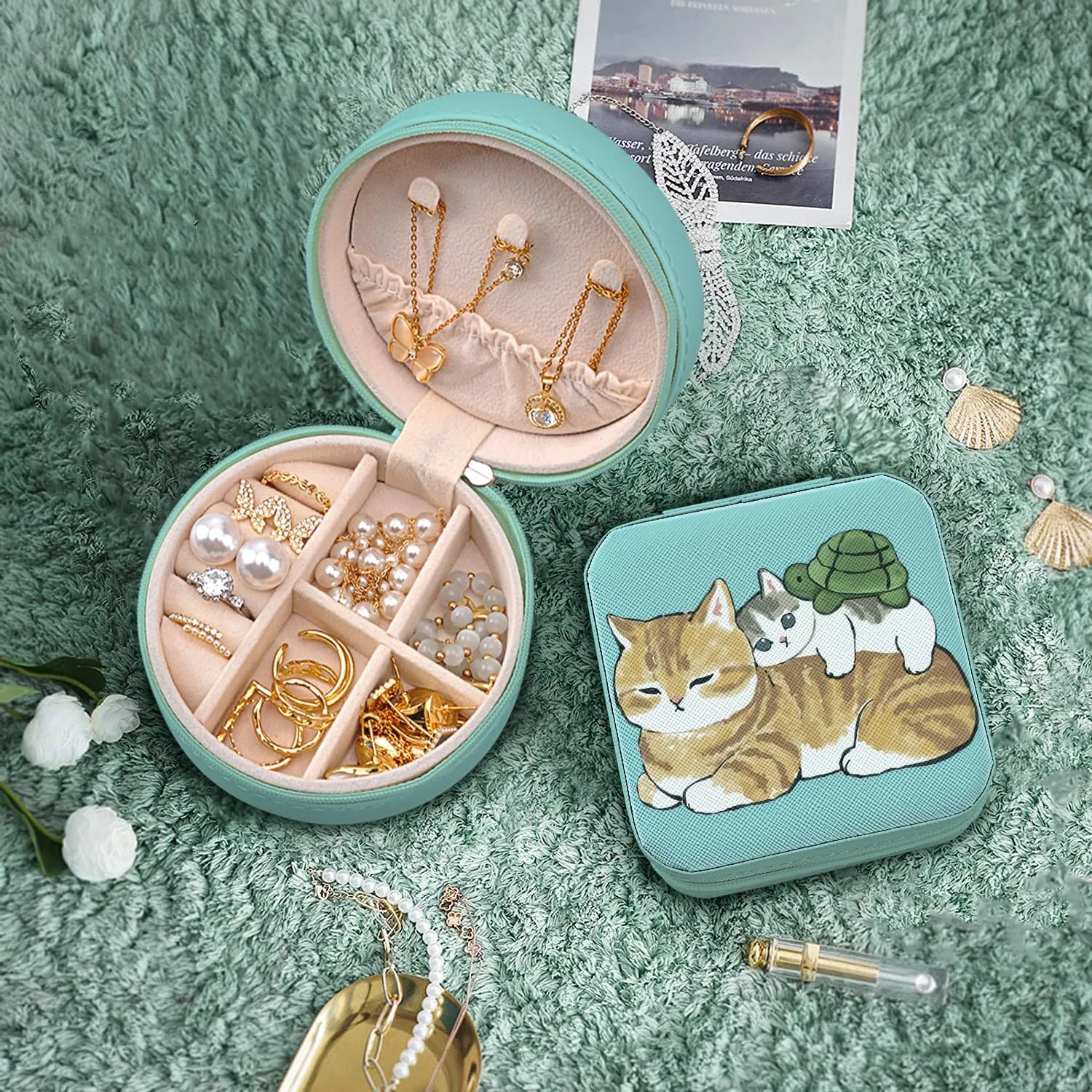 MAYCARI Small Portable Travel Jewellery Box, Cute Cat and Turtle Pattern Mini Leather Jewellery Box Organiser for Rings Earrings Necklace Bracelets Jewelry Gift for Women Girls Kids