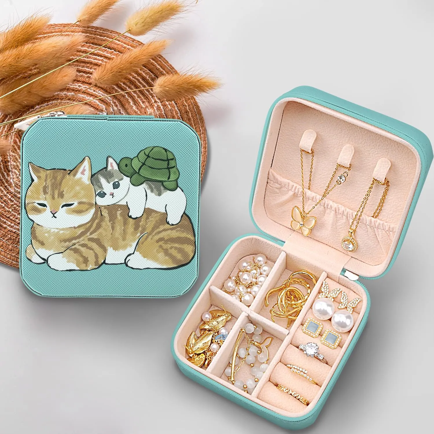MAYCARI Small Portable Travel Jewellery Box, Cute Cat and Turtle Pattern Mini Leather Jewellery Box Organiser for Rings Earrings Necklace Bracelets Jewelry Gift for Women Girls Kids