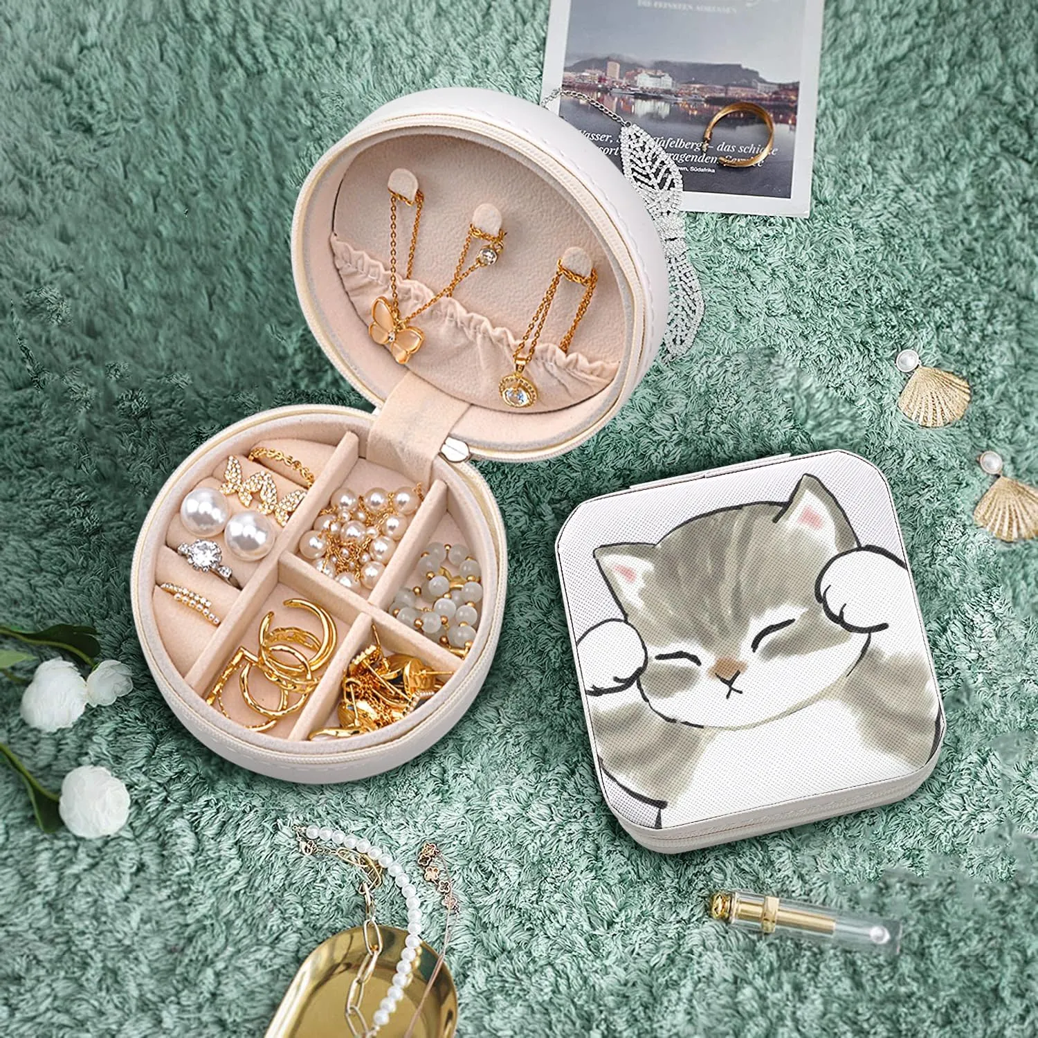MAYCARI Small Portable Travel Jewellery Box, Cute Cat Pattern Mini Leather Jewellery Box Organiser for Rings Earrings Necklace Bracelets Jewelry Gift for Women Girls Kids