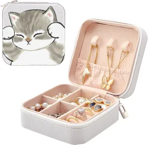 MAYCARI Small Portable Travel Jewellery Box, Cute Cat Pattern Mini Leather Jewellery Box Organiser for Rings Earrings Necklace Bracelets Jewelry Gift for Women Girls Kids