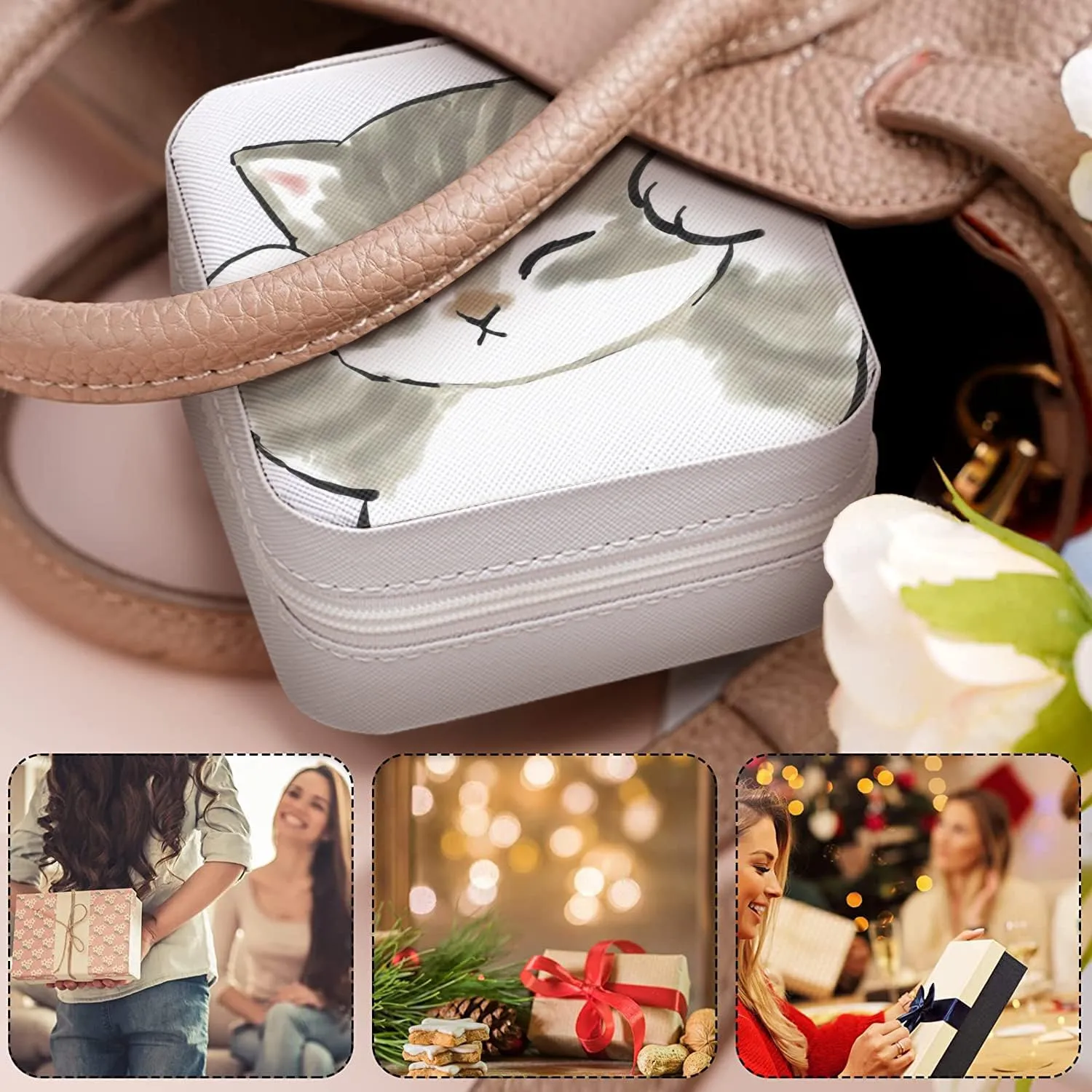 MAYCARI Small Portable Travel Jewellery Box, Cute Cat Pattern Mini Leather Jewellery Box Organiser for Rings Earrings Necklace Bracelets Jewelry Gift for Women Girls Kids