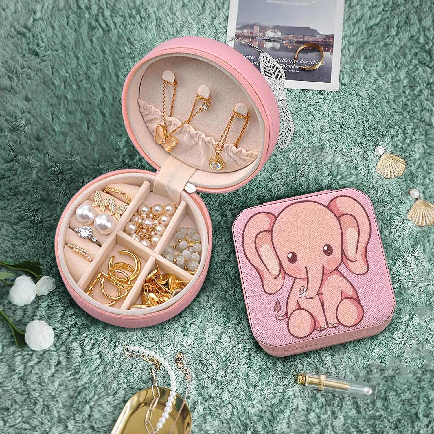 MAYCARI Small Portable Travel Jewellery Box, Cute Elephant Pattern Mini Leather Jewellery Box Organiser for Rings Earrings Necklace Bracelets Jewelry Gift for Women Girls Kids