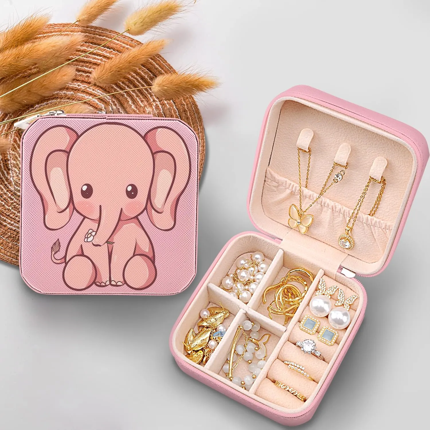 MAYCARI Small Portable Travel Jewellery Box, Cute Elephant Pattern Mini Leather Jewellery Box Organiser for Rings Earrings Necklace Bracelets Jewelry Gift for Women Girls Kids