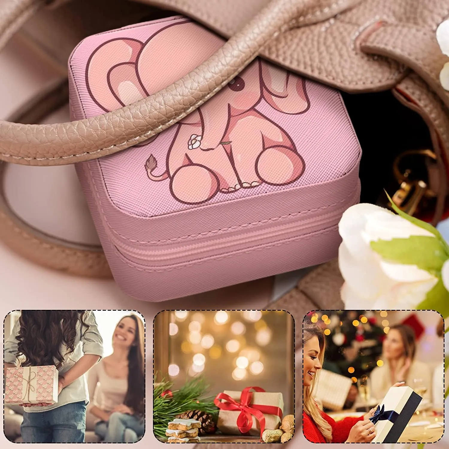 MAYCARI Small Portable Travel Jewellery Box, Cute Elephant Pattern Mini Leather Jewellery Box Organiser for Rings Earrings Necklace Bracelets Jewelry Gift for Women Girls Kids