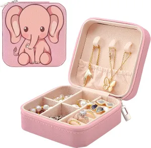 MAYCARI Small Portable Travel Jewellery Box, Cute Elephant Pattern Mini Leather Jewellery Box Organiser for Rings Earrings Necklace Bracelets Jewelry Gift for Women Girls Kids