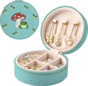 MAYCARI Small Portable Travel Jewellery Box, Cute Frog and Mushroom Pattern Mini Leather Jewellery Box Organiser for Rings Earrings Necklace Bracelets Jewelry Gift for Women Girls Kids