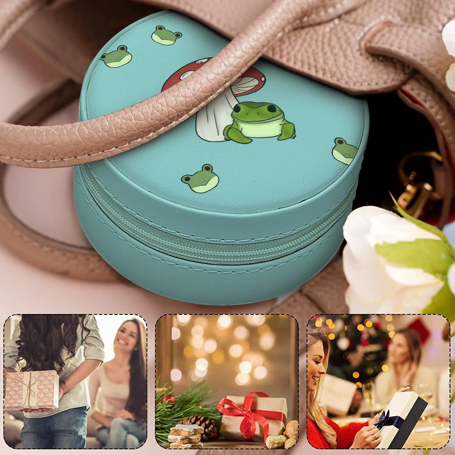 MAYCARI Small Portable Travel Jewellery Box, Cute Frog and Mushroom Pattern Mini Leather Jewellery Box Organiser for Rings Earrings Necklace Bracelets Jewelry Gift for Women Girls Kids