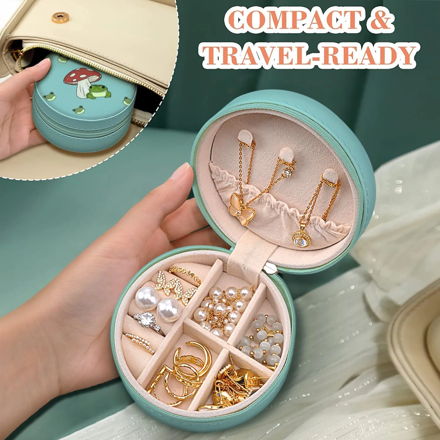 MAYCARI Small Portable Travel Jewellery Box, Cute Frog and Mushroom Pattern Mini Leather Jewellery Box Organiser for Rings Earrings Necklace Bracelets Jewelry Gift for Women Girls Kids