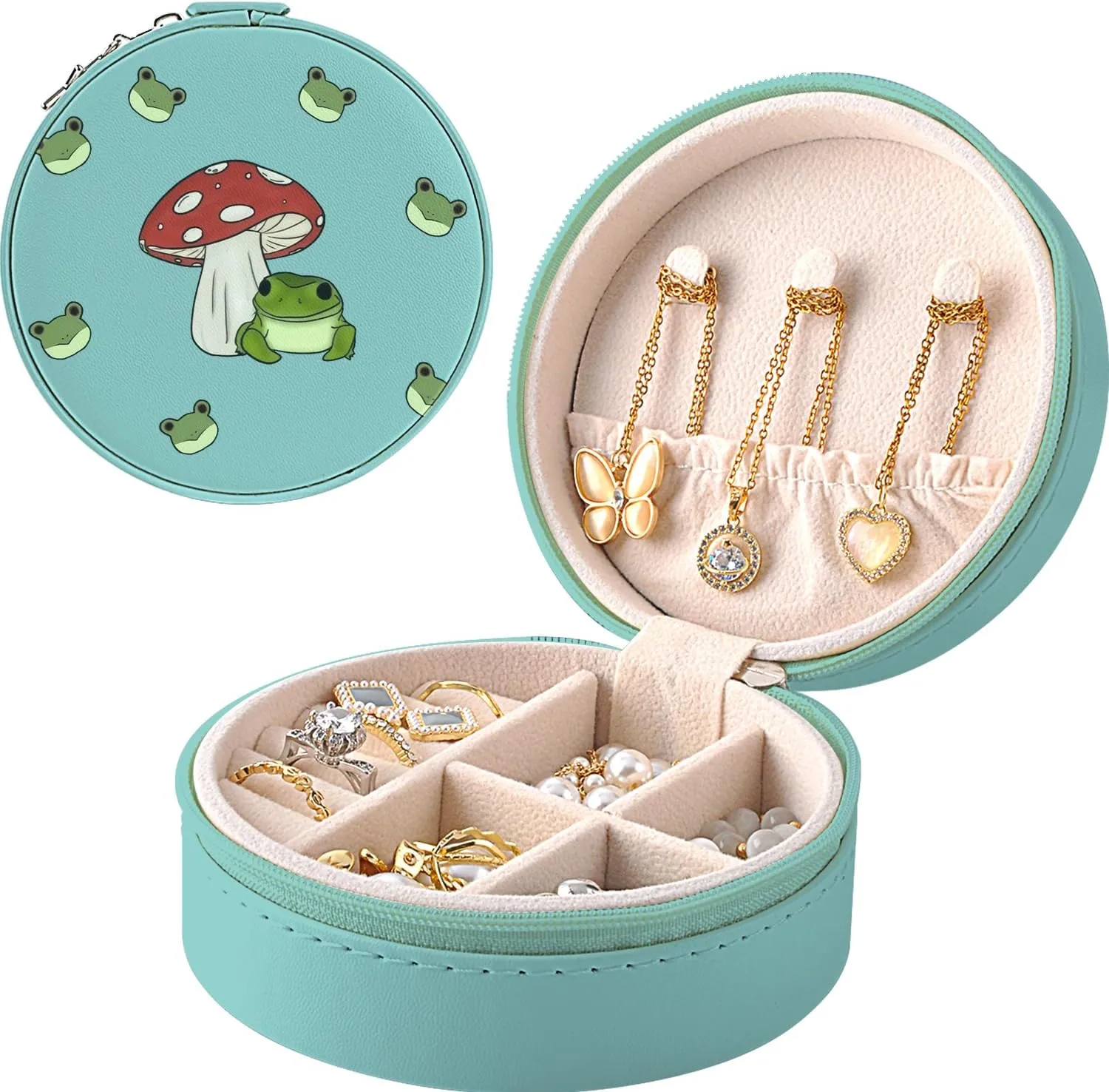 MAYCARI Small Portable Travel Jewellery Box, Cute Frog and Mushroom Pattern Mini Leather Jewellery Box Organiser for Rings Earrings Necklace Bracelets Jewelry Gift for Women Girls Kids