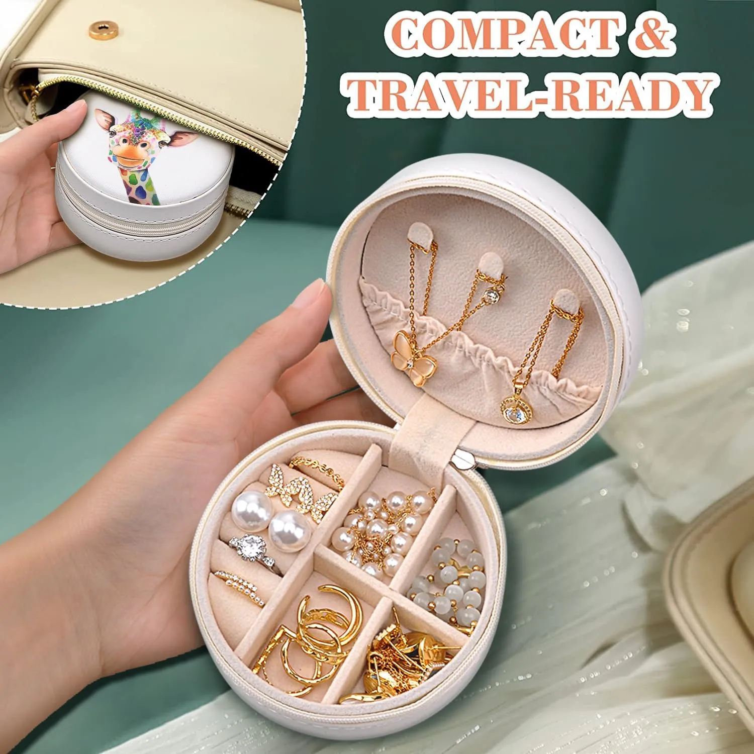 MAYCARI Small Portable Travel Jewellery Box, Cute Giraffe Pattern Mini Leather Jewellery Box Organiser for Rings Earrings Necklace Bracelets Jewelry Gift for Women Girls Kids