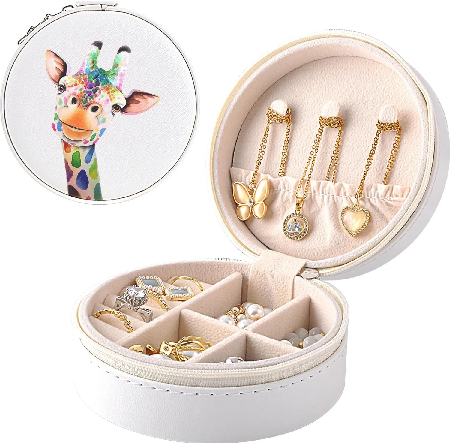 MAYCARI Small Portable Travel Jewellery Box, Cute Giraffe Pattern Mini Leather Jewellery Box Organiser for Rings Earrings Necklace Bracelets Jewelry Gift for Women Girls Kids