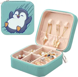 MAYCARI Small Portable Travel Jewellery Box, Cute Penguin Pattern Mini Leather Jewellery Box Organiser for Rings Earrings Necklace Bracelets Jewelry Gift for Women Girls Kids