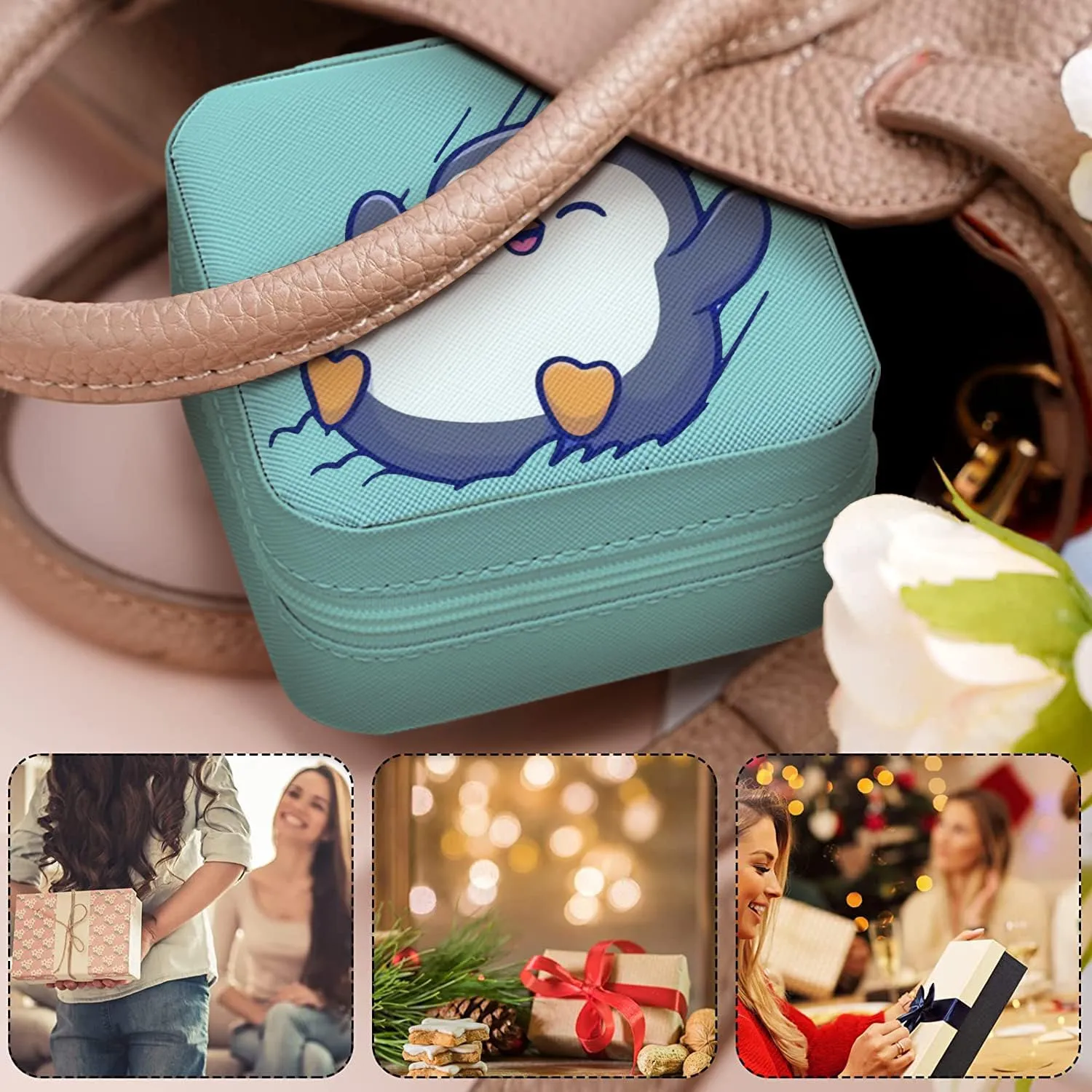 MAYCARI Small Portable Travel Jewellery Box, Cute Penguin Pattern Mini Leather Jewellery Box Organiser for Rings Earrings Necklace Bracelets Jewelry Gift for Women Girls Kids