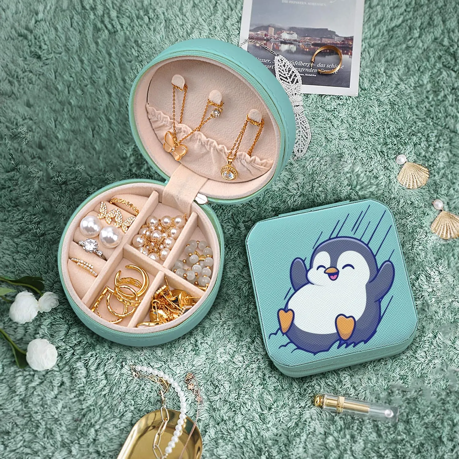 MAYCARI Small Portable Travel Jewellery Box, Cute Penguin Pattern Mini Leather Jewellery Box Organiser for Rings Earrings Necklace Bracelets Jewelry Gift for Women Girls Kids