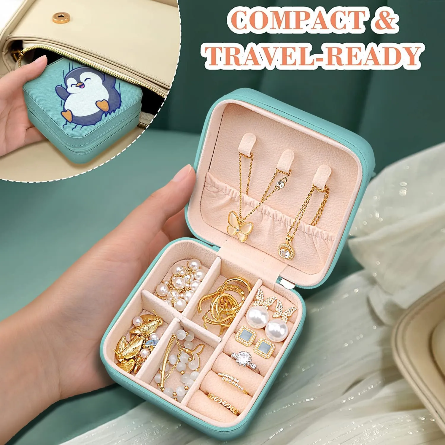 MAYCARI Small Portable Travel Jewellery Box, Cute Penguin Pattern Mini Leather Jewellery Box Organiser for Rings Earrings Necklace Bracelets Jewelry Gift for Women Girls Kids