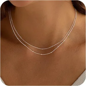 MBW Layered Necklaces for Women, Dainty Silver Plated Snake Twist Rope Chain Necklace for Women Simple Herringbone Thin Snake Chain Satellite Choker Necklace Silver Jewelry Set Gifts for Women Girls