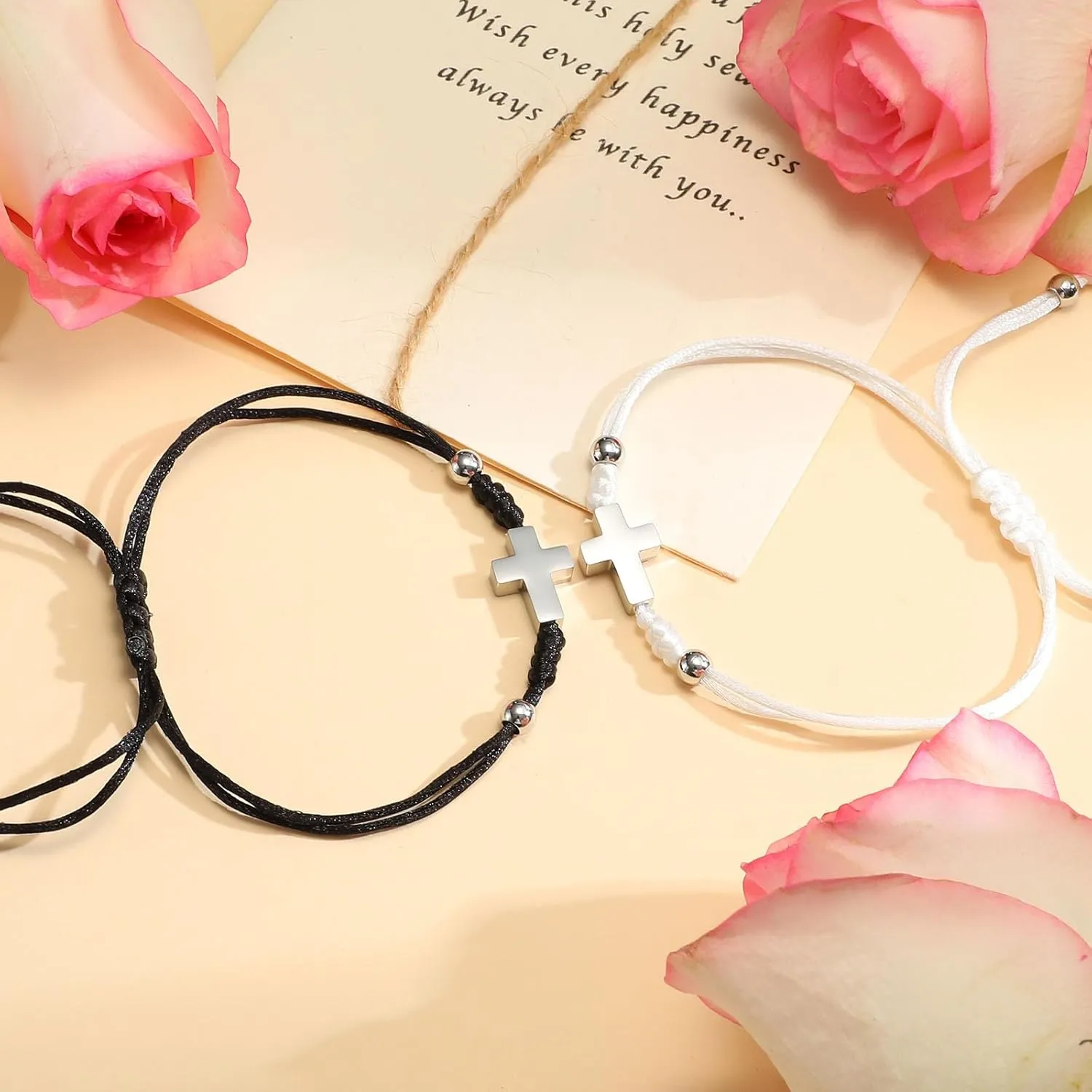 MEALGUET 2 Pcs Handmade Cross Bracelets : Braided Rope String Cross Charm Matching Friendship Couple Bracelets for Men Women Kabbalah Jewelry Religious Baptism Confirmation Christian Gift
