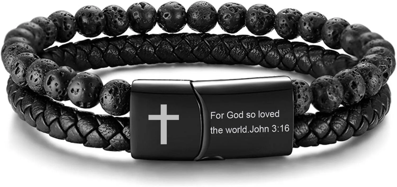 MEALGUET Men's Inspirational Bible Verse Bracelets Lava Rock Bead Bracelet Healing Balancing Braided Leather Wristband with Magnetic Clasp