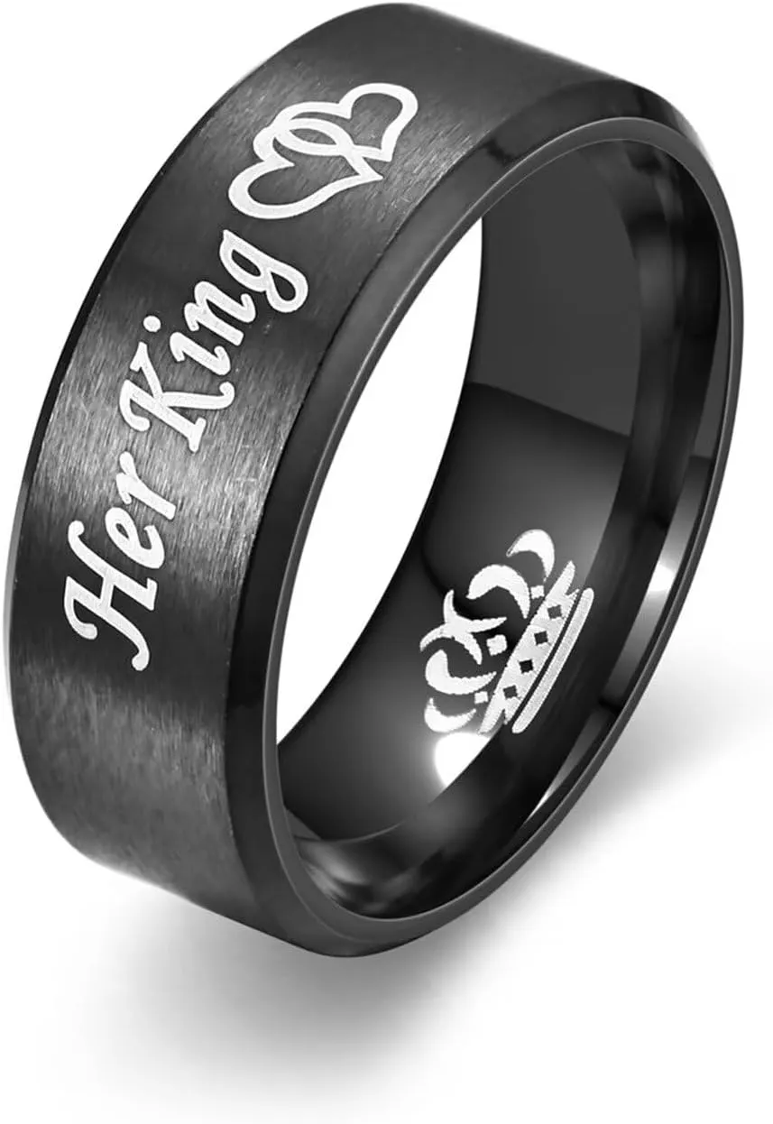 Meilord Black Stainless Steel King Queen Couple Rings for Her and Him Matching Heart-Shaped Crown Ring Lover Rings for Wedding Bands Bridal Sets Engagement Promise Rings
