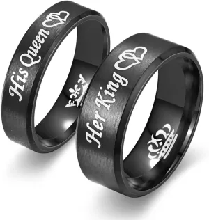 Meilord Black Stainless Steel King Queen Couple Rings for Her and Him Matching Heart-Shaped Crown Ring Lover Rings for Wedding Bands Bridal Sets Engagement Promise Rings