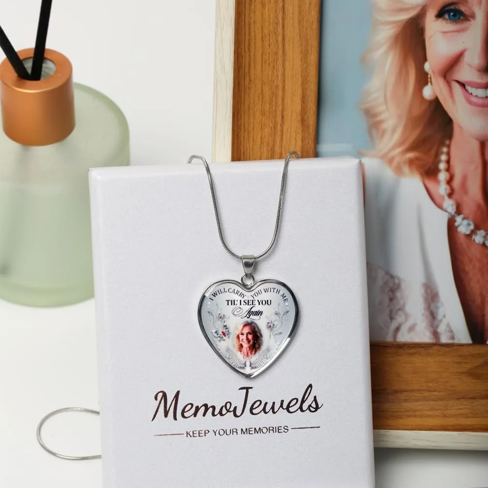 Memorial Heart Photo Necklace, Personalized 'I Will Carry You With Me' Pendant, Adjustable Chain