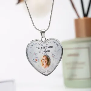 Memorial Heart Photo Necklace, Personalized 'I Will Carry You With Me' Pendant, Adjustable Chain