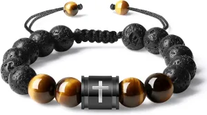 Mens Beaded Bracelets 10mm Natural Lava Rock Stone Black Onyx and Tiger Eyes, Bible Verse Cross Bracelets for Men Christmas Birthday Religious Gifts for Men Father Boyfriend Husband