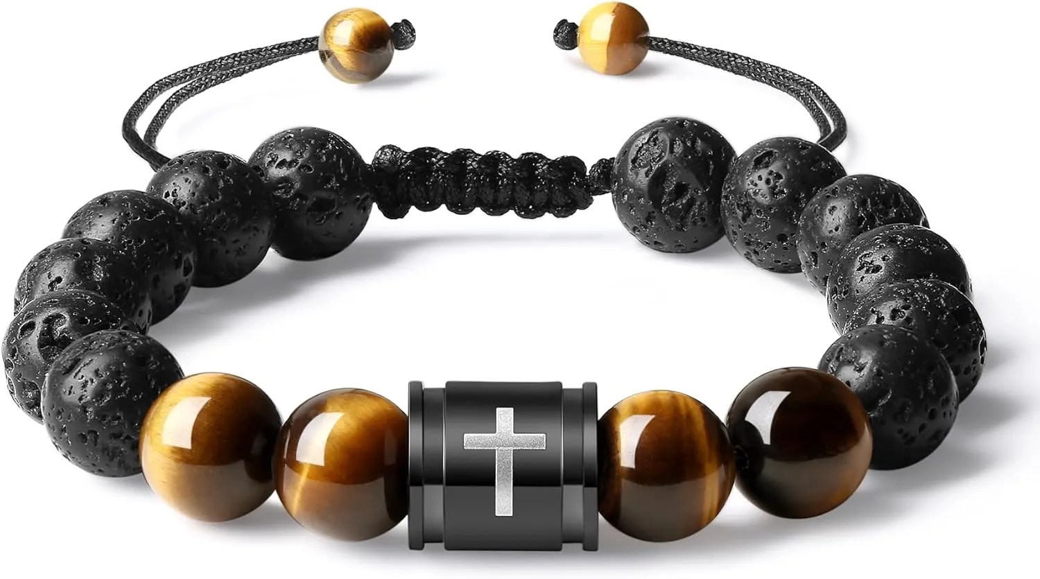 Mens Beaded Bracelets 10mm Natural Lava Rock Stone Black Onyx and Tiger Eyes, Bible Verse Cross Bracelets for Men Christmas Birthday Religious Gifts for Men Father Boyfriend Husband